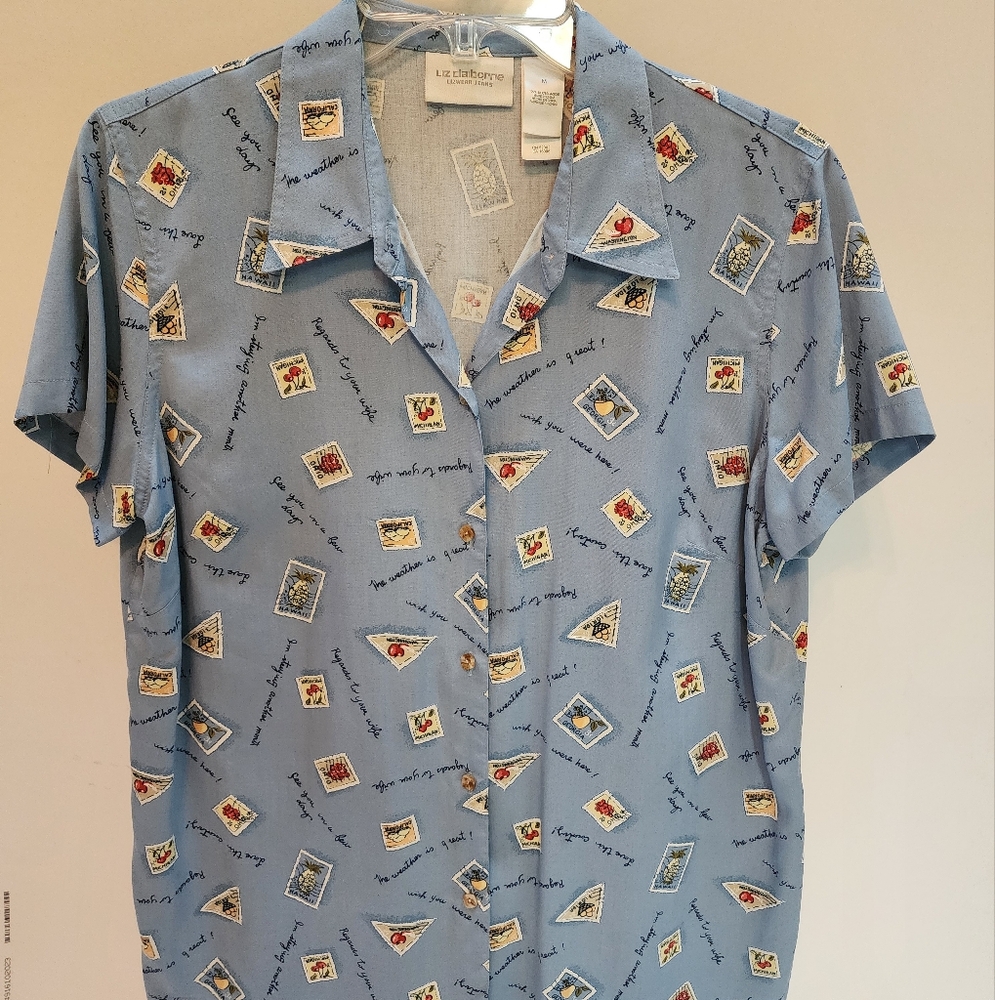 LIZ CLAIBORNE SIZE M 100% SILK MACHINE WASH AND DRY CAMP STYLE SHIRT BLUE PRINT